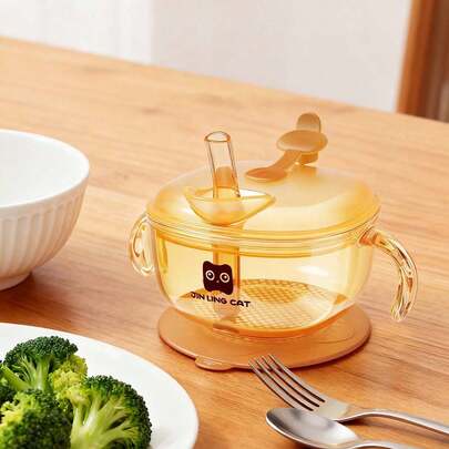 Translucent Infant Feeding Bowl With Suction Base Dual Handles Lid And Integrated Spout PPSU Food Bowls For Babies Toddlers, First Stage Self Feeding