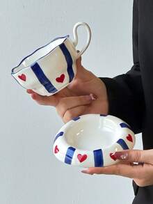 1pc Blue Striped Heart Design Ceramic Mug & Saucer Set, Cute Korean Ins Style Girly Mug With Matching Striped Heart Coaster, Ideal Choice For Breakfast, Tea Or Coffee Cup, Perfect Birthday Or Holiday Gift, Suitable For Home Use