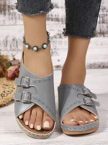 Papuci de damă cu platformă brodați cu două nasturi, culoare solidă moale, pentru petreceri pe plajă, resort, la modă, elegante, nuntă, casual, sexy, cu cataramă, sandale de vară cu platformă și fund gros - Gri - Vizualizare 8