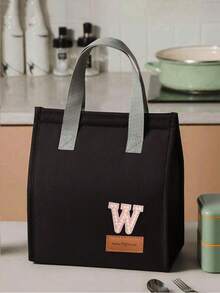 1pc Pearl Letter Pattern Canvas Tote Bag, Simple English Letter Solid Color DIY Handheld Insulated Lunch Bag, Lunch Box Bag, Thermal Lunch Bag, Large Capacity Insulated Lunch Tote Bag For Students, Office Workers, Waterproof, Oil-Proof - Multicolor - View 110