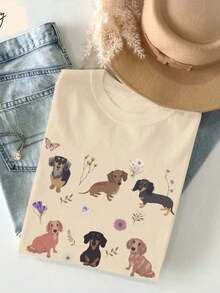 Women's T-Shirt Dogs Garden Cotton Shirt Basic Blouse Simple Casual For Daily Use - Albaricoque - Ver 1