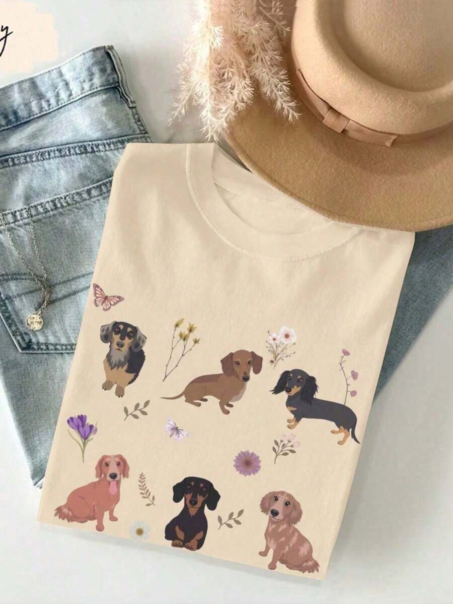 Women's T-Shirt Dogs Garden Cotton Shirt Basic Blouse Simple Casual For Daily Use - Albaricoque - Ver 1