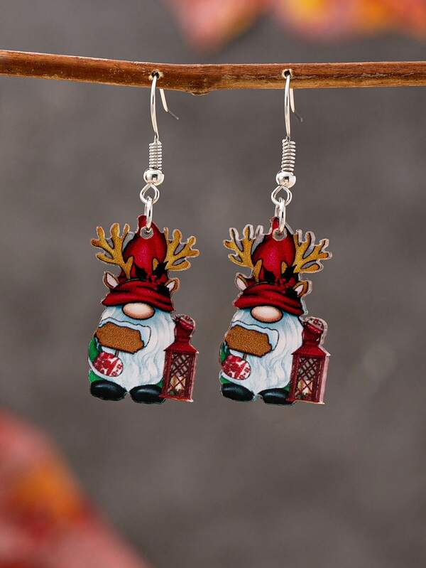 ​1 Pair Acrylic Christmas Happy Gnome Earring, Lantern &Gift Bag, Golden Deer Antlers Christmas Earring, Winter Themed Xmas Charm Necklaces Jewelry For Her