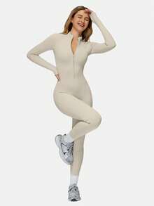 MFVIM 女士连体裤、运动瑜伽套装、高弹舒适亲肤家居服、保暖塑身衣 - 杏色 - 查看 8