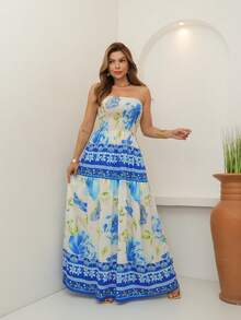 ARCO IRIS Long Strapless Dress In Plain Viscose, Printed, Barrato 36-42 With Lastex, Casual, Elegant, Feminine For Versatile And Comfortable Looks - B/AZUL - 查看 1
