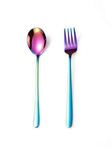 2pcs Stainless Steel Korean Style Long Handle Spoon And Fork Cutlery Set, Hotel/Home Soup Spoon, Coffee Stirrer