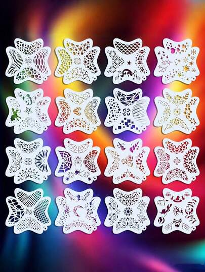 16个镂空模板，适用于舞台表演、派对妆容、墙面装饰、DIY绘画、传单、涂鸦喷绘，采用可水洗可重复使用的PET材料制成，也适用于水彩画。