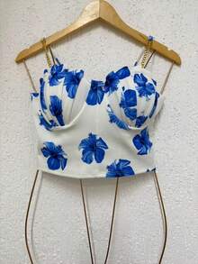 Cropped Top Blouse Thin Strap Chain With Mermaid Cup Fashion Blogger Retro Summer Party Beach Neoprene Suplex Strappy - 皇家藍多色 - 查看 1