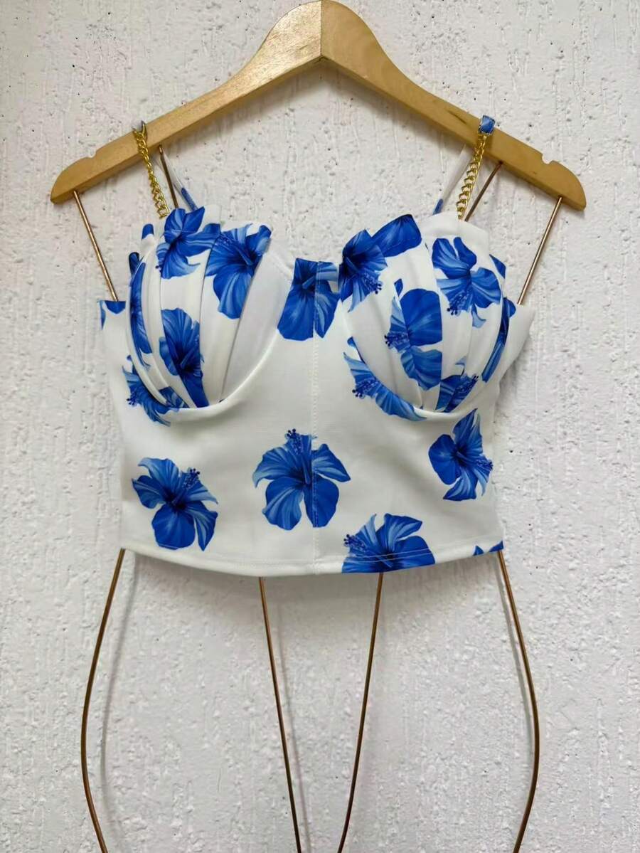 Cropped Top Blouse Thin Strap Chain With Mermaid Cup Fashion Blogger Retro Summer Party Beach Neoprene Suplex Strappy - 皇家藍多色 - 查看 1