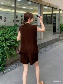 Women's Sleeveless Vest And Short Set, Casual-Chic Style For Everyday And Outings - Cà phê nâu - Xem 2