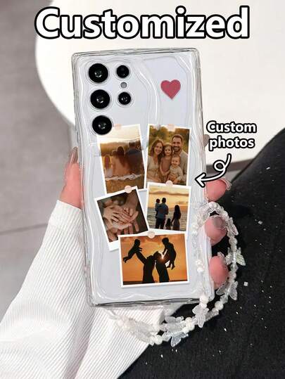 Funda de teléfono antideslizante con textura crema, borde ondulado y pintura brillante, personalizable con nombre y foto, con accesorio de pulsera con cuentas, compatible con iPhone 17pro/17Air /17/17promax16/11/16pro/16plus/16promax/16e/15Promax/13/14/12/XS/XR/7G/8P, compatible con Samsung, Redmi