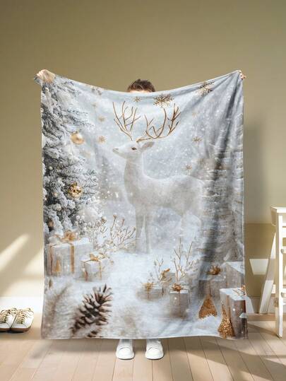 1 Stück Weihnachts-Rentier Flanell Decke: Eiswald Elemente, warme Winter Atmosphäre Flanell Decke, moderne Polyester rechteckige Decke geeignet für verschiedene Anlässe