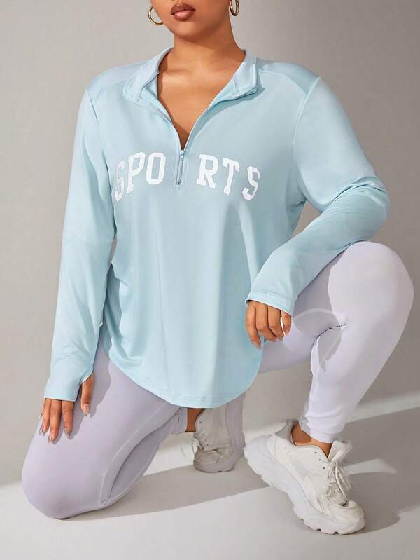 Plus Size Women Casual Sports Yoga Fitness Fashionable Letter Print Half Zip Pullover Top