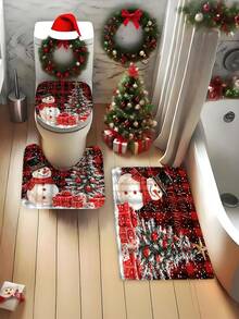 4 pezzi Set di decorazioni natalizie invernali: Tenda da doccia lavabile con motivo pupazzo di neve e albero, include 12 ganci, copriwater a forma di U antiscivolo e tappetino da bagno, adatto per decorazioni natalizie per casa e bagno, regalo