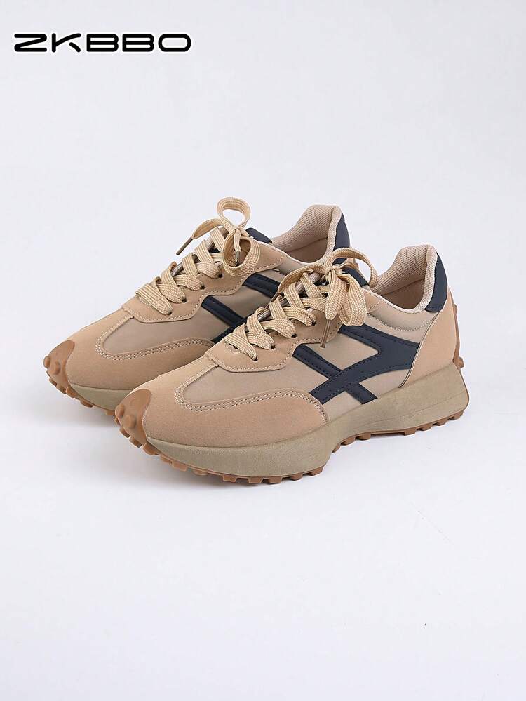 ZKBBO Women's Casual Sneakers Retro Lace-Up Flat Comfortable Walking Shoes, Lightweight Minimalist Fitness Shoes, Suitable For All Seasons - Khaki - View 6
