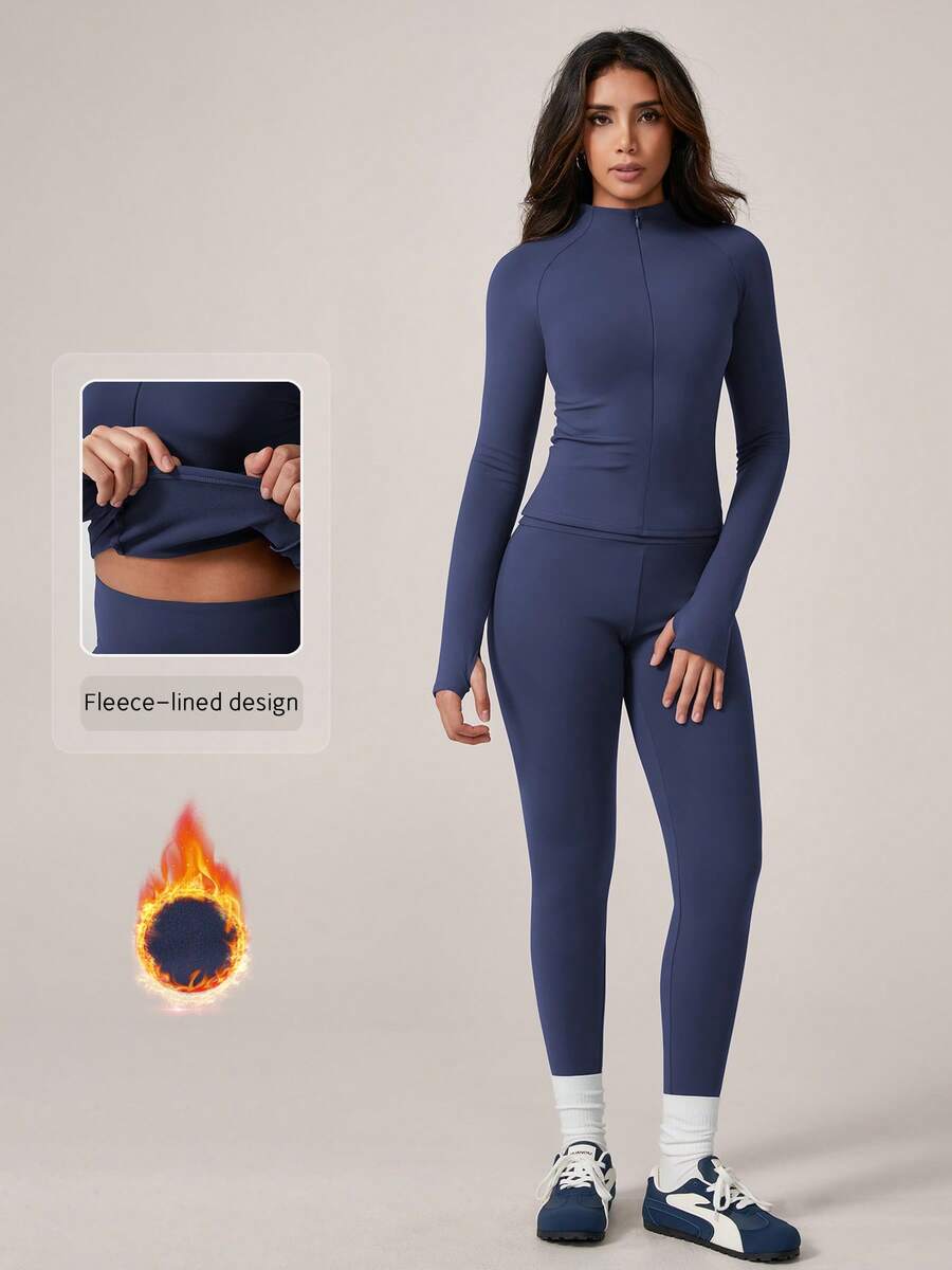 NcmRyu 1 Bộ đồ thể thao nữ tay dài lót nỉ có khóa kéo thiết kế lỗ xỏ ngón tay cái - Màu xanh lam - Xem 1