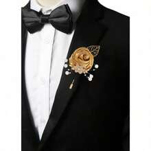 Ramillete de rosa de saten dorado hecho a mano flor de vidrio con detalles de perlas boutonniere de boda de diamantes 12 oro claro - Dorado claro+24 - Ver 2
