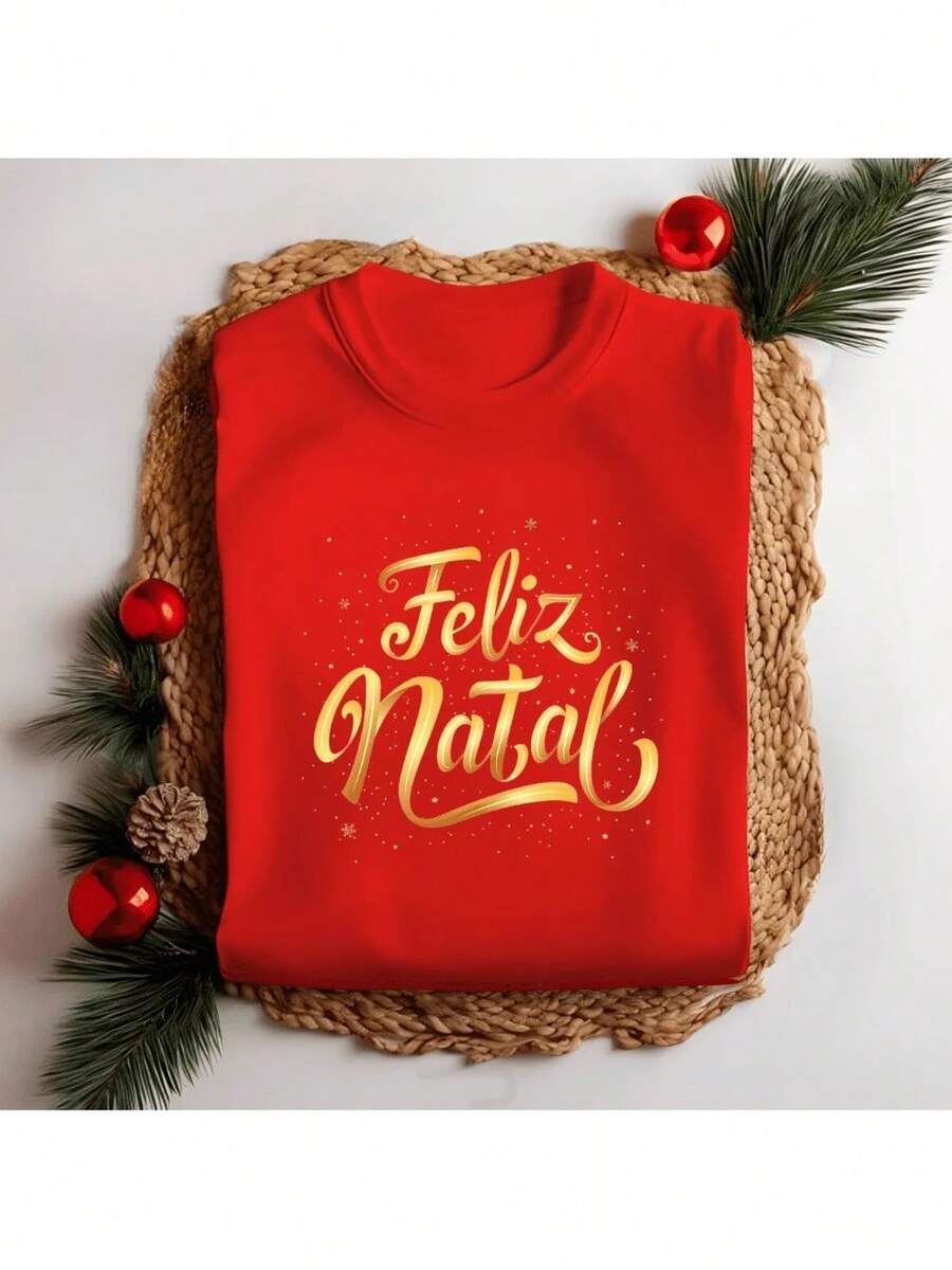 Camiseta Unissex Natal Feliz Natal Dourado Blusinha Personalizada 100% Algodão Delicada Festa Feliz Natal Moda Maligu - Vermelho - Visão 1