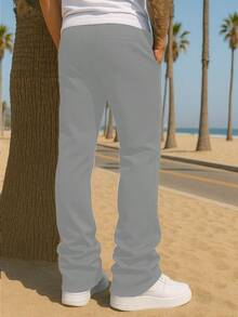 Mens Casual Solid Stacked Track Pants Zipper Pockets Polyester Spandex - 灰色 - 查看 2