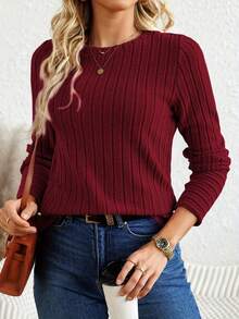 Ribbed Crew Neck T-Shirt Elegant Long Sleeve Top Spring Autumn Two Seasons Autumn Winter Knitted Ribbed Base Shirt Solid Color Crew Neck Elastic Ribbed Long Sleeve T-Shirt - 酒紅色 - 查看 1