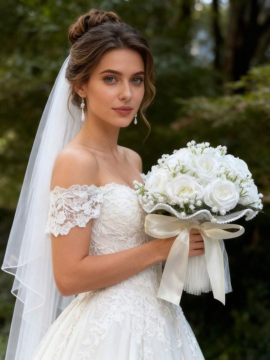 1件婚礼捧花，适用于新娘、伴娘、新娘捧花、抛捧花，可用于婚礼仪式、周年纪念、新娘送礼会、婚礼派对装饰、餐桌装饰、情人节配饰