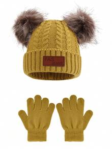 1 Stück gestrickter Hut + Handschuhe Set, Pompons Beanie und vollfingerige gestrickte Handschuhe, einfarbige warme Winter Mützen und Handschuhe für Jungen und Mädchen, vielseitige neue Version - 1PC - Übersicht 14
