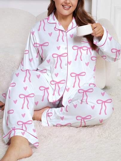 Plus Size 2pcs/Set Pink Bow Print White Base Women Sleepwear Set, Long Sleeve Lapel Button Soft Top And Loose Elastic Pants, Fashionable Daily Wear, Pajamas For Holidays, Party, Leisure & Home Comfortable Women Loungewear, Fall Clothes, Cozy Outfits