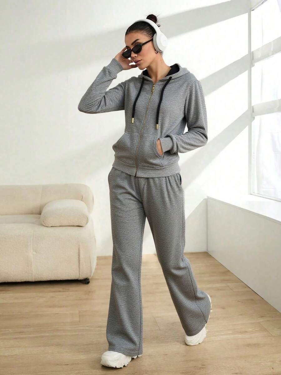 Conjunto de sudadera con capucha y cremallera para mujer - Tela suave y transpirable, diseño con detalles en negro y oro, pantalones de pierna ancha, estilo casual y moderno, ideal para múltiples ocasiones. - flor gris - Ver 1