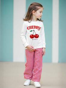 Conjunto de camiseta de manga larga con estampado de cerezas y pantalones rectos a cuadros rojos y blancos para niñas, otoño - Beis - Ver 8