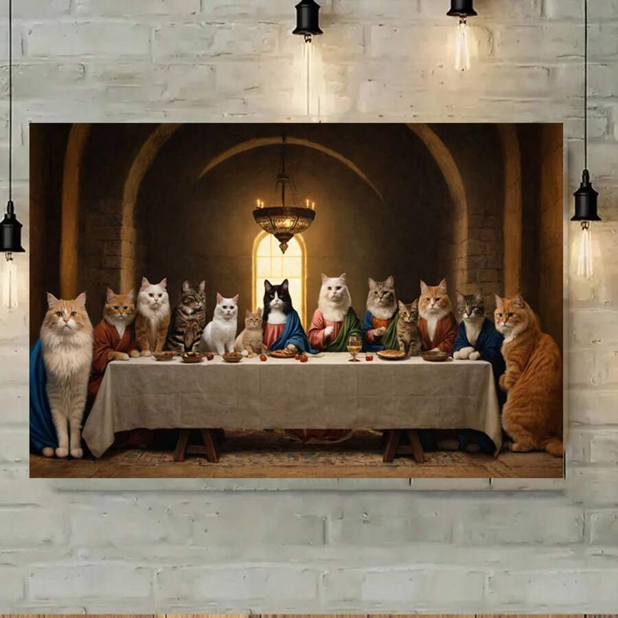 Cats Last Supper Canvas Wall Art - Royal Feline Gathering Historical Parody Illustration - Whimsical Cat Themed Decor Poster - Pet Lover Home & Office Decoration - Unique Gifting Idea - 18x12 Inches Unframed Print - Multicolor - View 1