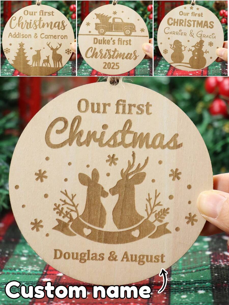 Decorações de Natal de madeira com nomes personalizados, enfeites de árvore de Natal personalizados, presentes de noivado para casais, Feliz Natal, decoração de Natal personalizada, primeiro Natal, presentes de Natal, Natal, padrões de rena/boneco de neve/árvore de Natal, decoração de casa, família, presentes de casamento, aniversário, festa de Natal - Estilo A - Ver 1