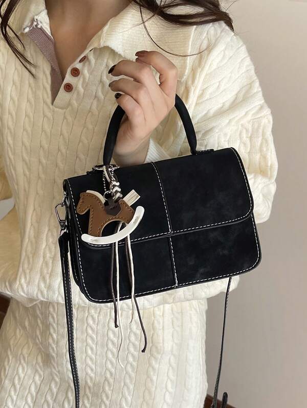 SHIMEINI 1 قطعة حقيبة جلد الغزال عالية الجودة متعددة الطبقات ذات كتف واحد مائلة مربعة صغيرة، موضة جديدة لخريف/شتاء، مناسبة للاستخدام اليومي والمناسبات للنساء، هدية (تأتي مع قلادة)