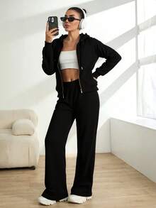 Conjunto de sudadera con capucha y cremallera para mujer - Tela suave y transpirable, diseño con detalles en negro y oro, pantalones de pierna ancha, estilo casual y moderno, ideal para múltiples ocasiones. - Negro - Ver 4