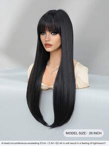 NICKY WALL 28Inch Extra Long Straight Black Wigs For Women Elegant Nature Looking Wigs With Full Bangs,High Density Fluffy Synthetic Heat Resistant Fiber Hair,For Beginners Glueless Daliy Party Use - 黑色 - 查看 3