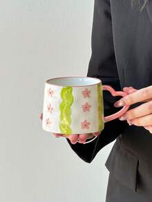 1 件 350 毫升手绘陶瓷杯，日式花卉图案，郁金香、樱桃和鲜花，色彩鲜艳，心形手柄和浮雕纹理细节，适合春季家居、与朋友共进早午餐 - 咖啡、牛奶 - 彩色 - 查看 15