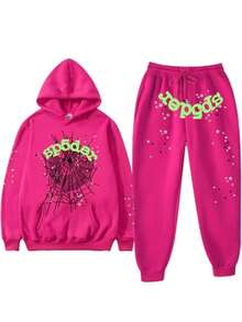 Spider Web & Floral Print Hip-Hop Hoodie Set – USA Trending Oversized Loose Fit, Unisex Men's & Women's Streetwear, Bold Graphic Pullover Sweatshirt, European-American Style Fashion Pick - Red Violet - View 1