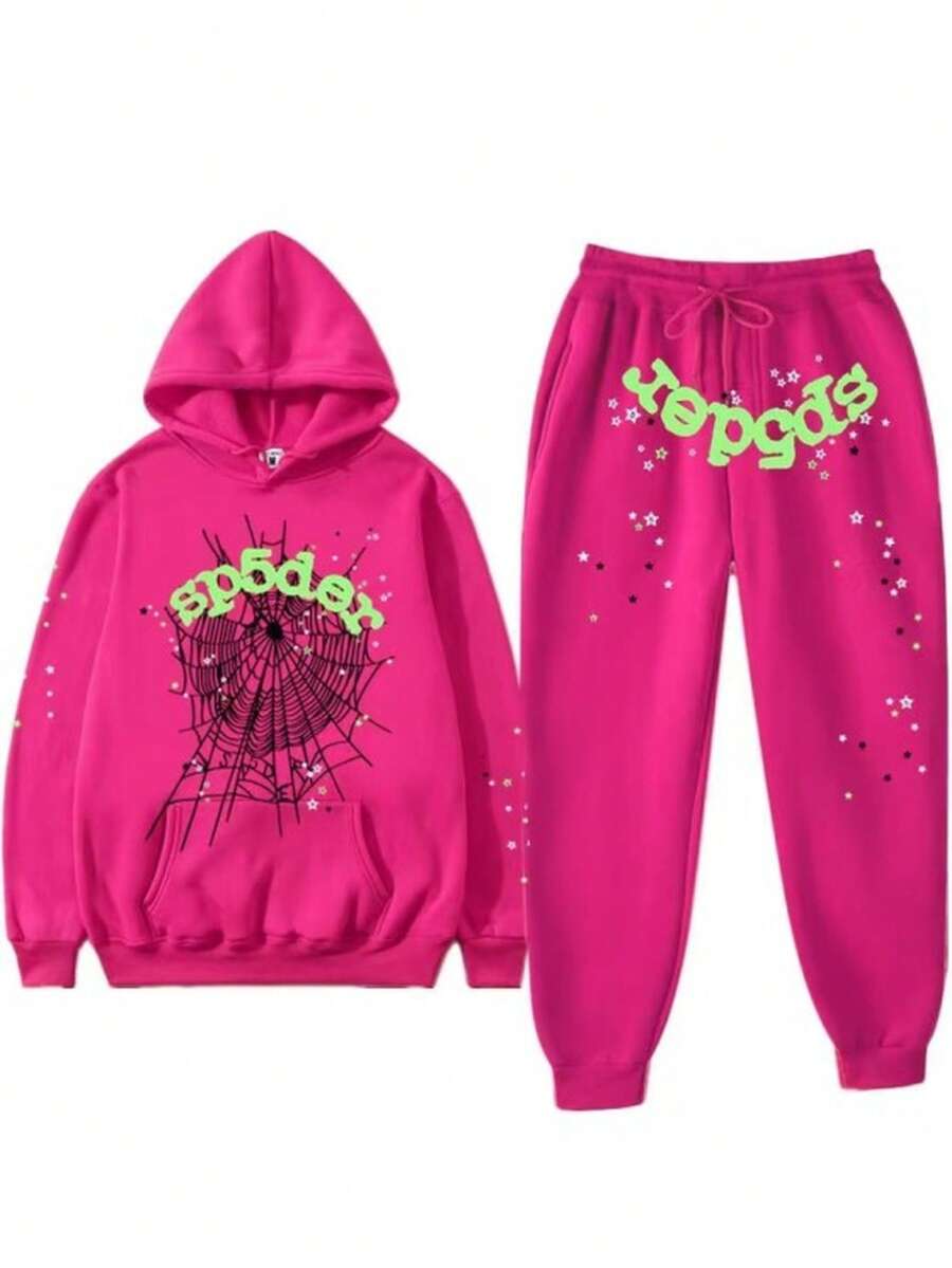 Spider Web & Floral Print Hip-Hop Hoodie Set – USA Trending Oversized Loose Fit, Unisex Men's & Women's Streetwear, Bold Graphic Pullover Sweatshirt, European-American Style Fashion Pick - Red Violet - View 1