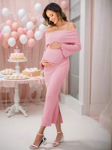 JustVH Maternity Dress Bell Sleeves Ruched Bodycon Maxi Elegant Pregnancy Dresses New Year Baby Shower Photoshoot - Pink - View 7