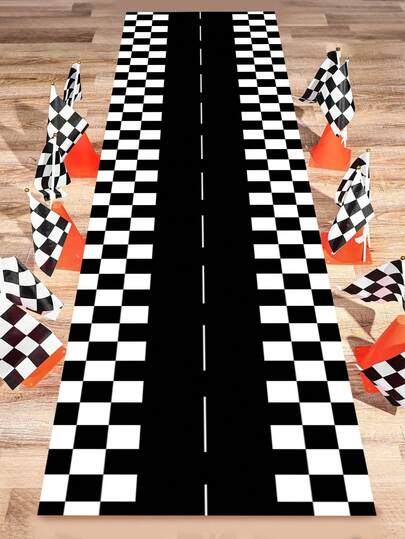 1pc 60*250cm Black & White Checkered Racing Flag, Polyester Checkered Racing Track Pattern Tablecloth, Racing Themed Birthday Party Table Decor, Racing Event Party Decoration, Home Kitchen Dining Table Centerpiece, Racing Party Track Game Prop, Birthday Party Supplies, Party Favor
