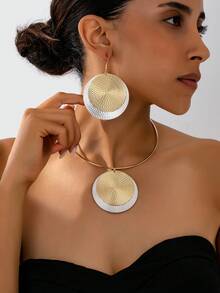 时尚百搭简约圆形女士吊坠耳环 - 黑色 - 查看 4