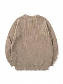 Lightweight, Warm Knit Pullover Sweater, Loose Fit, Polyester Fabric, Casual, Collegiate Style, Unisex Design, Long Sleeve, Drop Shoulder, Minimalist Crew Neck, Suitable For Autumn And Winter - 卡其色 - 查看 3