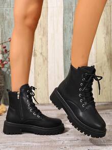 Botas femininas estilo britânico retrô, novas botas de cano curto com sola grossa, adequadas para primavera e outono, 2025 - Preto - Ver 4