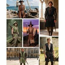 Century Star Medieval Costume Men Renaissance Ren Faire Knight Viking Hooded Cloak Pirate Vest Surcoat Tunic Shirt Holloweengift - màu đen - Xem 2