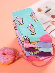 5 Pairs/Sets Of Women's Four Seasons Dessert Pattern Mid-Tube Socks Combination