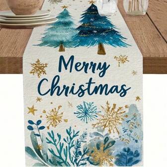 1 set de chemin de table en lin thématique Noël, avec un design d'arbre de Noël coloré orné de motifs de flocons de neige et une nappe rectangulaire en polyester avec l'inscription "Joyeux Noël" imprimée, convenant à la décoration rurale des fêtes. Différentes tailles disponibles, adaptées aux tables de salle à manger.