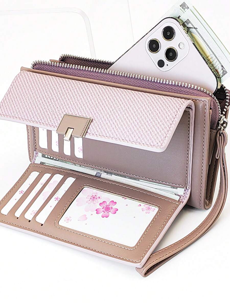 MINGYOU Fashionable Soft Material High-End Embroidered Portable Casual Women Zipper Phone Wallet, Suitable For Shopping, Travel, Coin Purse, Long Card Holder - Mauve Purple - View 1