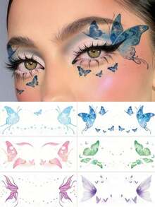 2026 Christmas New Arrivals 6 Sheets Colorful Butterfly Tattoos Waterproof Temporary Eye Cute Glitter Tattoos Stickers For Festival Valentine's Day Halloween Party Prom Date Makeup Accessories Christmas Gift - 彩色 - 查看 8