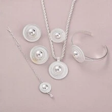 African Golden Color Jewelry Set, Luxury Party Jewelry For Women, Geometric Round Pendant Necklace, Ring, Earrings, Bracelet, Headchain, Middle East Bride Wedding Jewelry Gift Set