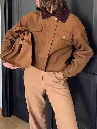 新款时尚优雅纯色口袋拉链前扣撞色领夹克，适合假日、学校、度假和日常穿着