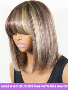 高光灰棕色金色短波波头假发，带刘海，直发，真人发，180%密度，直发刘海波波头假发，女士佩戴方便，无需胶水，巴西原生真人发，机织玫瑰网帽假发，适合所有种族，日常佩戴，刘海造型，10英寸，多色（#4/613 #4 #4/30） - 彩色 - 查看 3